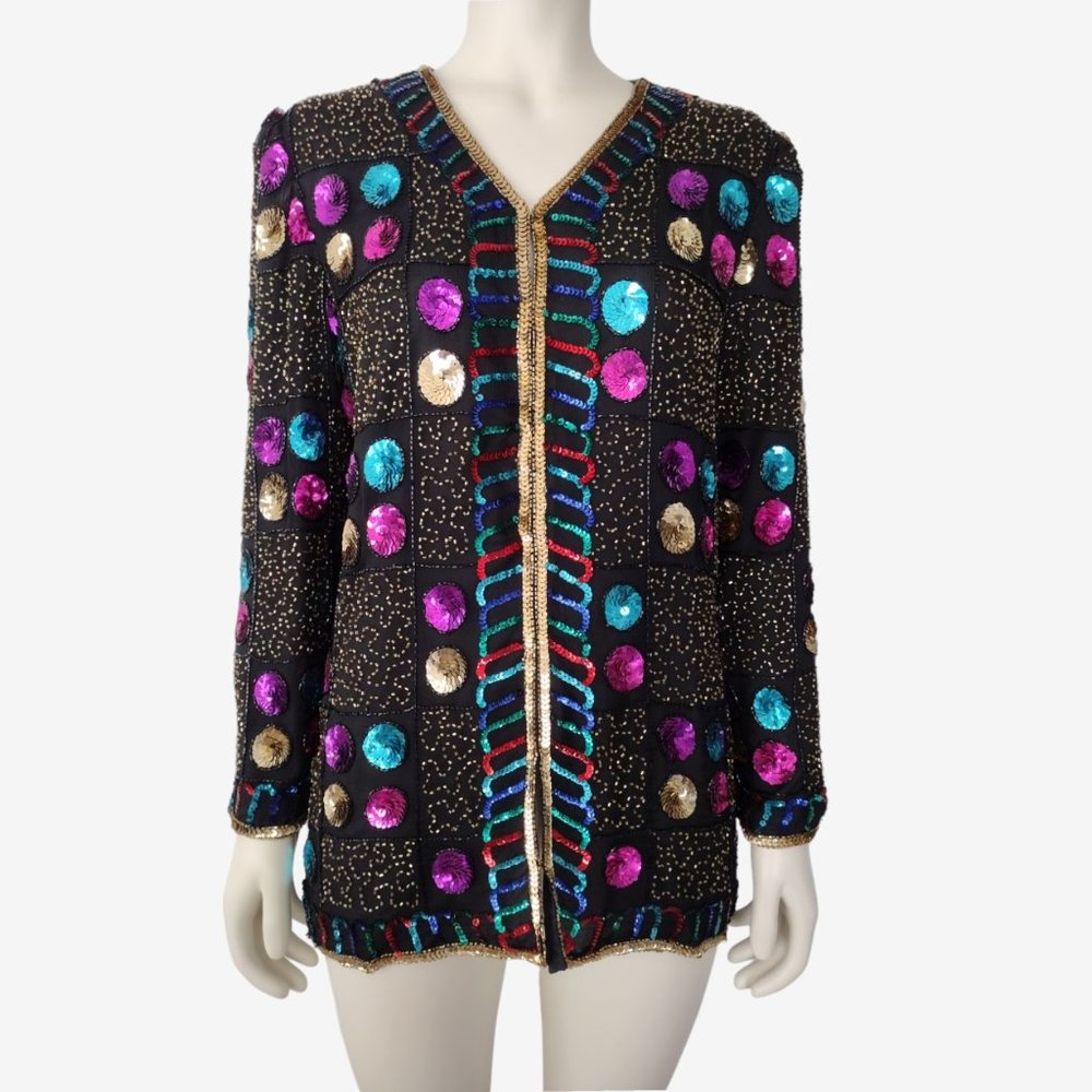 Vintage 1980s Black Silk Beaded Sequin Colorful V Neck Oversized Jacket